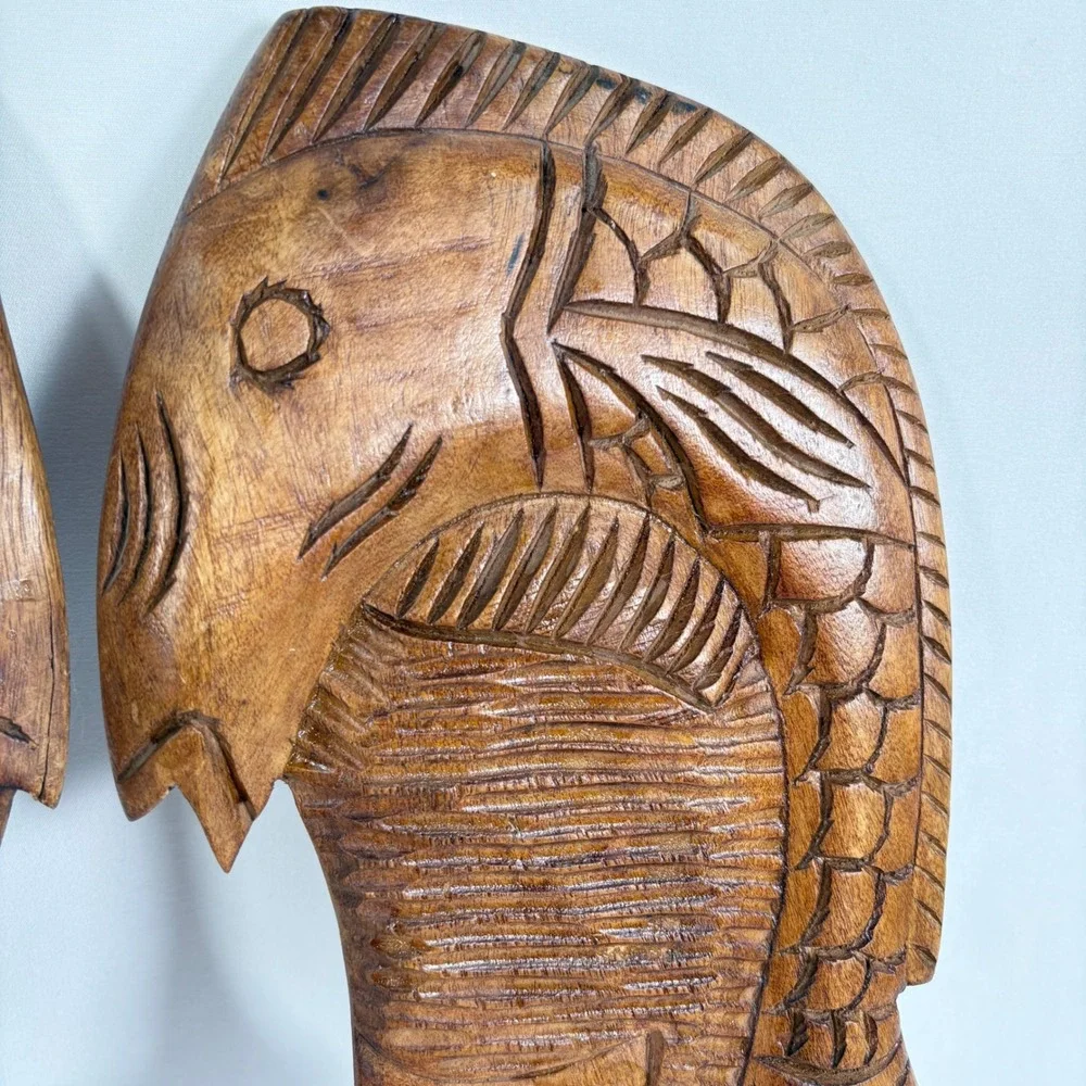 Vintage 70's Hand Carved Wood Wall Art Brown Pair Face Fish Tribal Folk Art MCM